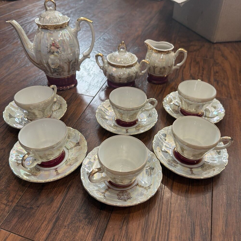 Vintage Sterling China, 6pc Cup W Saucer, Teapot, Creamer, And Sugar Set, B7